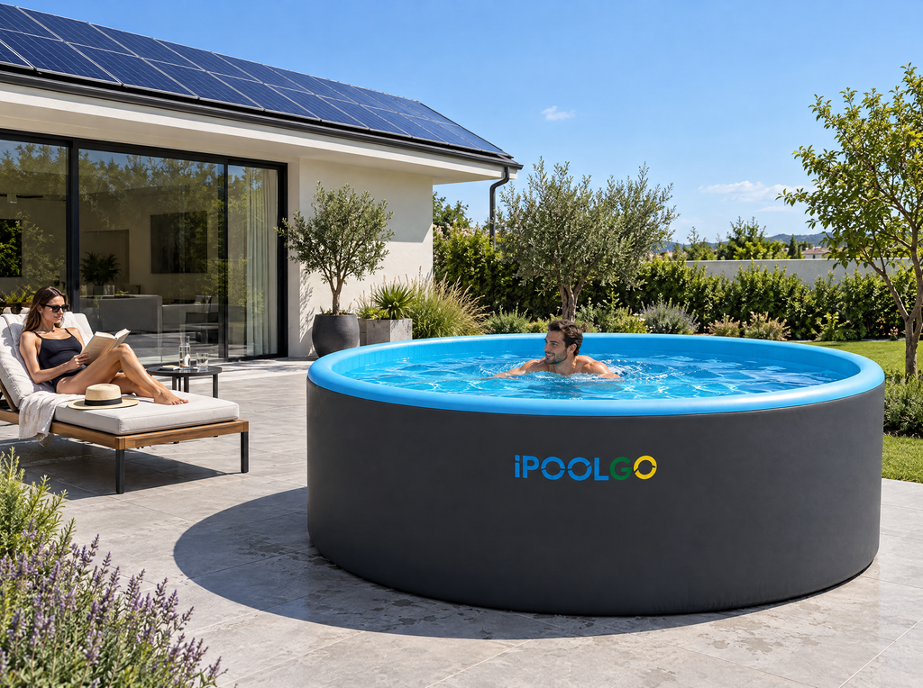 iPoolGo Pool auf Terrasse vor Haus mit Photovoltaikanlage