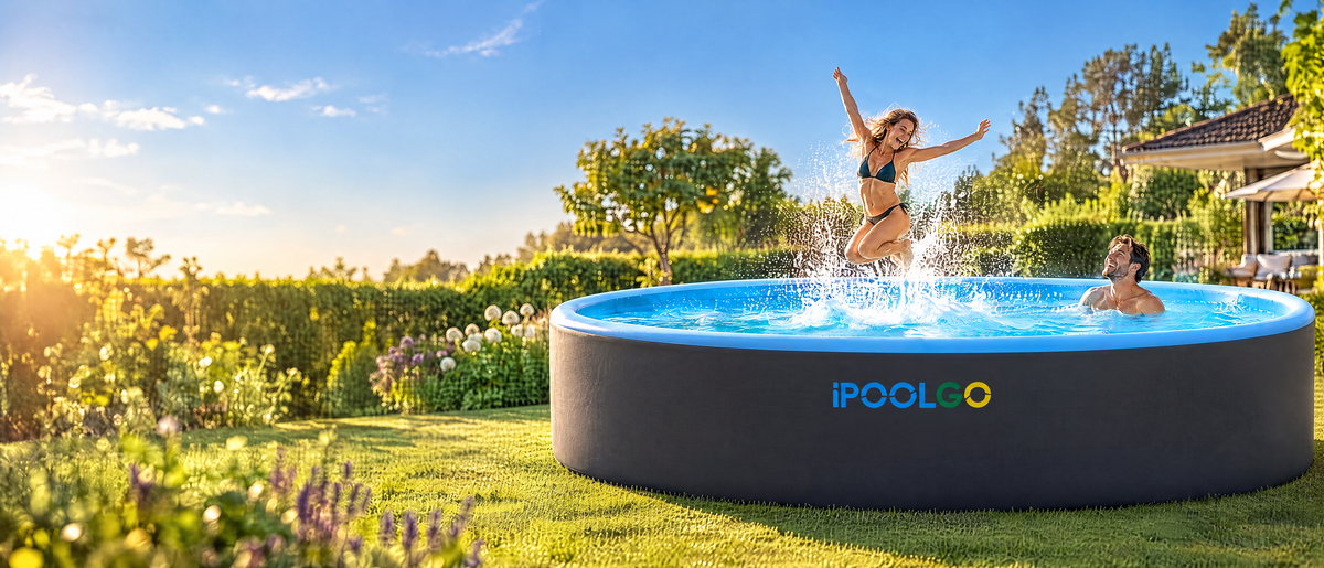 iPoolGo Drop-Stitch Pool rund im Garten, Frau springt mit Spritzer ins Wasser