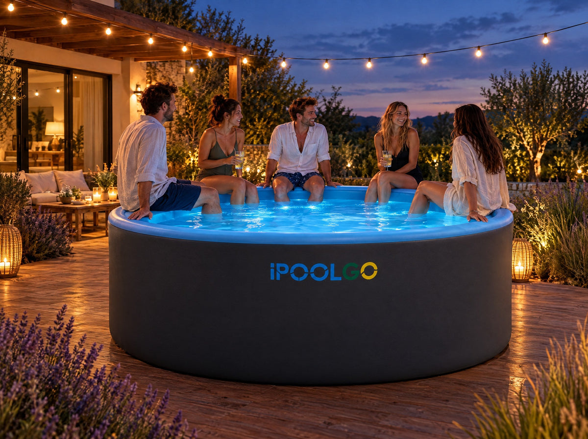 Freunde am Rand eines großen iPoolGo Pools