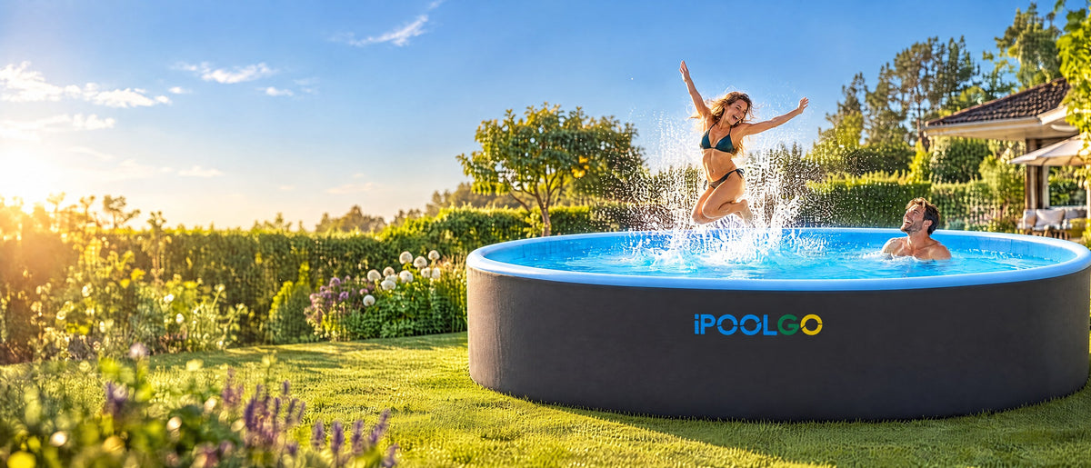 Frau springt in einen runden iPoolGo Drop-Stitch Pool im sonnigen Garten