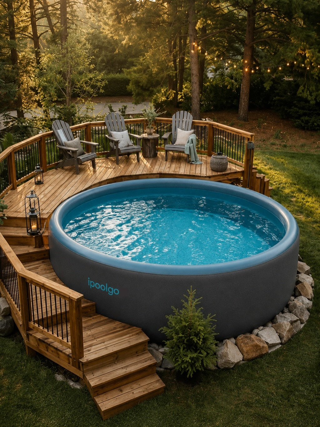 Runder iPoolGo Pool in Holzterrasse am Abend